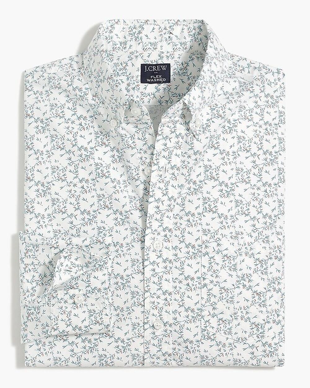 J Crew Slim Fit Flex Washed Shirt Mens M White Bamboo Leaves Stretch Button Down